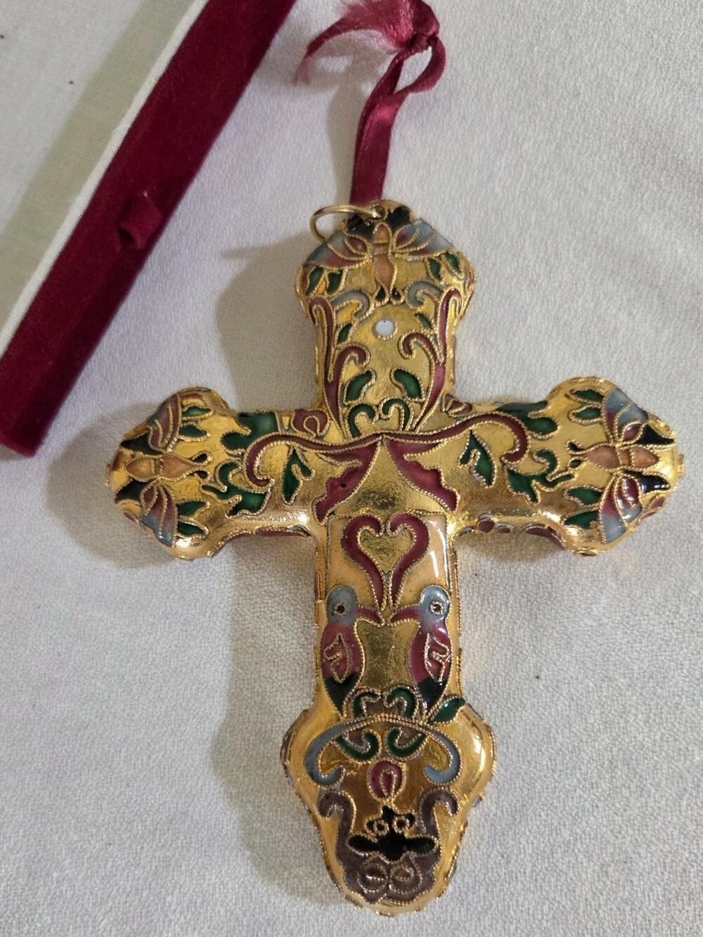 Cloisonne Cross Ornament Gold Toned Birds 5 1/4" In Box Religious Holiday Decor